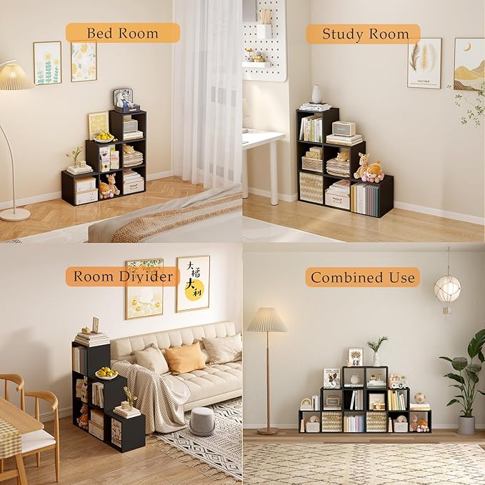 Ladder Cube Storage Bookcase - Wooden L-Shaped 3-Tier Corner Shelf, Reversible 6-Cube Organizer for Home & Office, Black