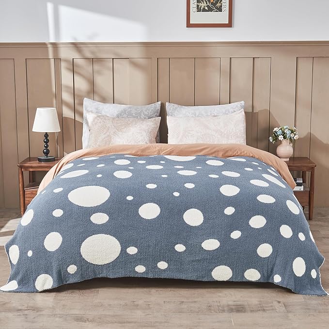 CozeCube Super Soft Fullfy Microfiber Reversible Knitted Blankets, Warm Cozy Fuzzy Plush Throw, Dusty Blue and White Polka Dot Throw Blanket for Couch Bed Sofa, 50" x 60"