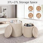 CAROLMADE Set of 2 Round Ottoman with Storage, Upholstered Vanity Stool Support 330lbs Multifunctional Coffee Table Ottoman Velvet Foot Rest Stool or Living Room Bedroom Dorm (Beige)