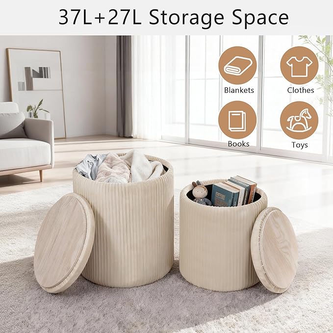 CAROLMADE Set of 2 Round Ottoman with Storage, Upholstered Vanity Stool Support 330lbs Multifunctional Coffee Table Ottoman Velvet Foot Rest Stool or Living Room Bedroom Dorm (Beige)