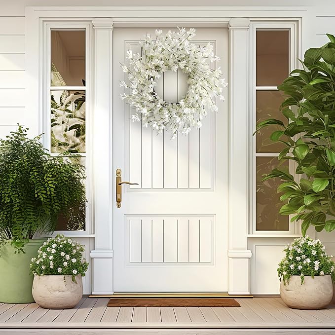 Spring Wreath for Front Door, 24 Inch White Cream Forsythia Spring Wreath Blossom Cluster Flower Farmhouse on Grapevine for Festival Celebration Front Door Wall Window Hanging Décor