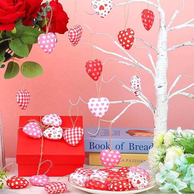 30 Pieces Fabric Heart Hanging Ornaments Valentines Heart Shaped Ornaments Red Pink Hearts Fabric Hanging Decorations for Valentine's Day Tree Wedding Party DIY Crafts