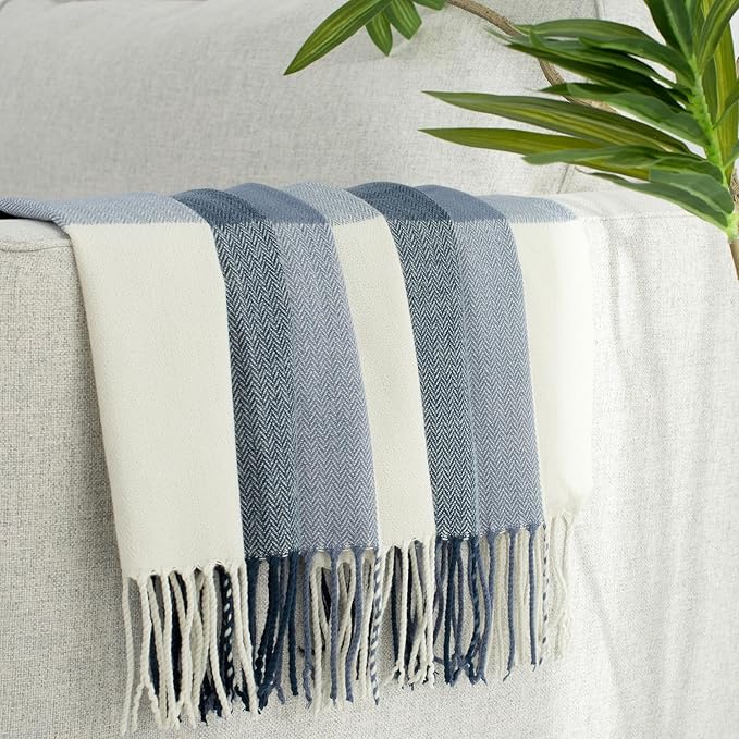 Buffalo Plaid Twin Blanket for Couch with Tassels,60"X80" Soft Lightweight Knitted Boho Decorative Blankets for Bed and Sofa Blue