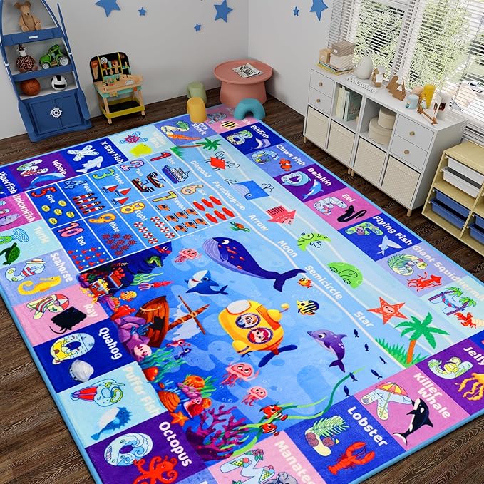 ABC Kids Rug for Playroom 59"×78.7" Ocean Mat Baby Play Mat Alphabet Sea Animal Number Shape Classroom Carpet Kids Playroom Rug Early Learning Carpet for Preschool Toddlers