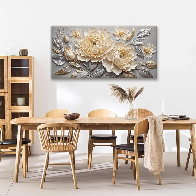 Canvas Art Wall Decor Print Silver White Flowers Wall Art For Living Room Picture Modern Landscape Painting Home Wall Decor 24" X 48"Bedroom Office Artwork