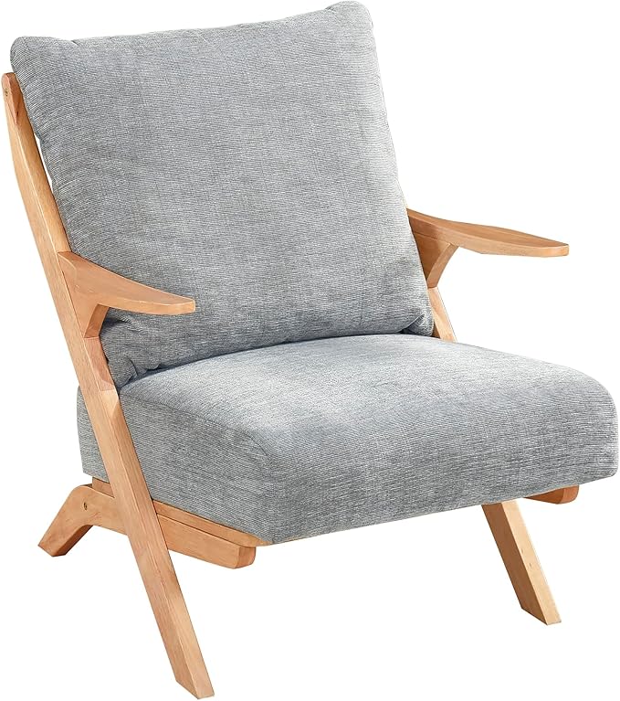 Lexicon Mid Century Modern Accent Chair, Natural Finish Solid Rubberwood Frame, Reversible Back Cushion, Woven Chenille Upholstered Reading Chair, for Living Room/Bedroom/Office, Grey