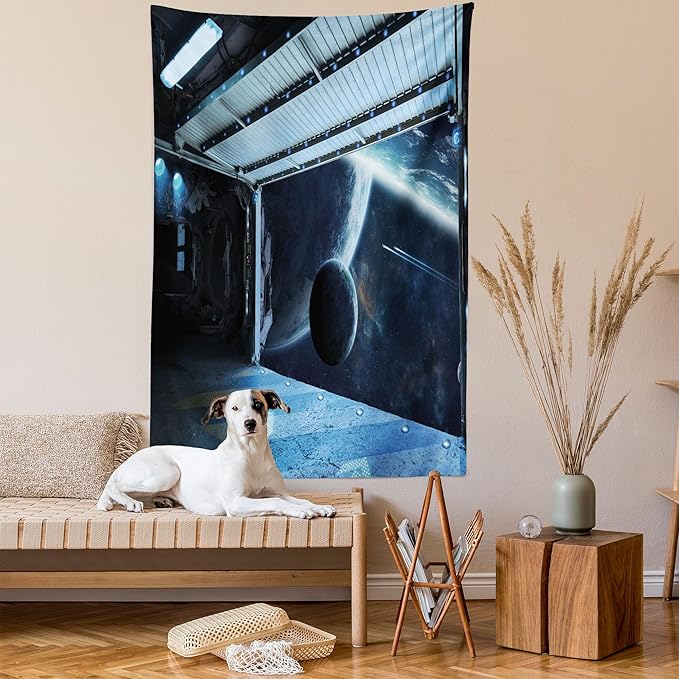 Ambesonne Outer Space Tapestry, Moon Before Station Planet Apocalypse Landing Alternative Humanoid Robots Print, Wall Hanging for Bedroom Living Room Dorm Decor, 40" X 60", Night Blue