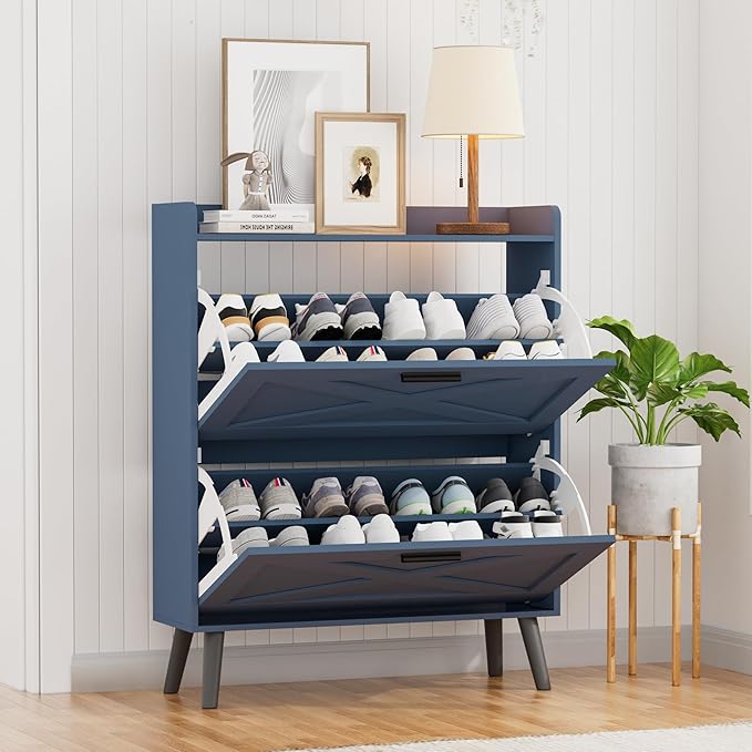 32" W Farmhouse Shoe Storage Cabinet with 2 Flip Drawers and Barn Door Design, Adjustable Shelves, Modern Hidden Slim Narrow Shoe Rack Cabinet for Entryway, Foyer, Hallway, Living Room, Blue