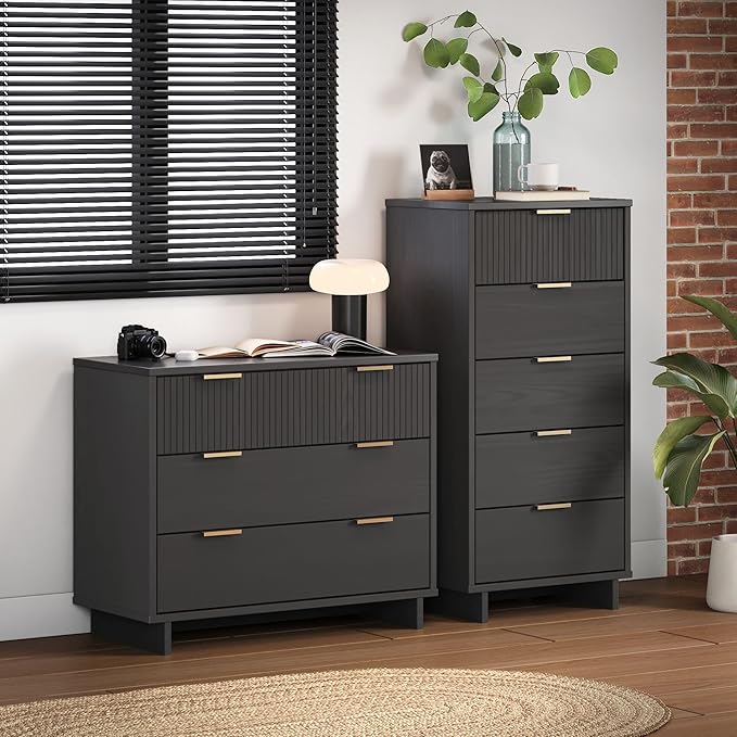 Manhattan Comfort Granville 2-Piece Modern Solid Wood Tall Narrow and Standard Dresser Set - Gold Finish Handles - Sleek Design for up to 35" TV - Elegant and Durable Bedroom Furniture, Dark Grey