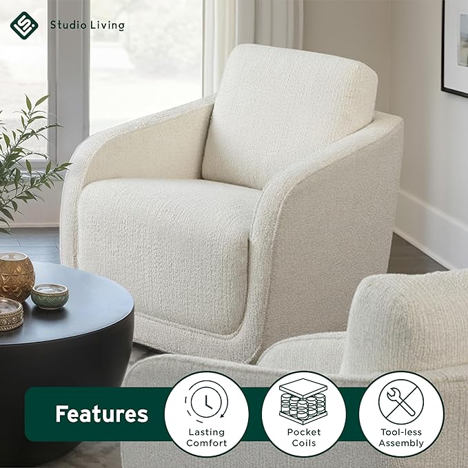 Studio Living® Lydia 35.3" Swivel Accent Chair, Modern Boho, Fully Assembled, Pocket Coil Comfort, Round Swivel Base Leg, Soft Chenille Fabric, Cream