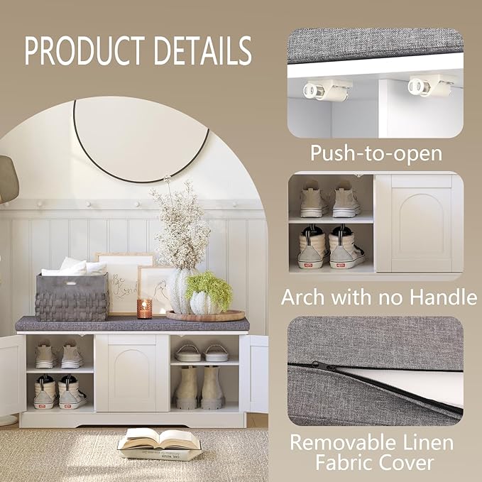 DINZI LVJ Shoe Bench, Entryway Storage Bench with Doors, Cushion, 2-Tier Shoe Rack with 6-Cubby, 39.4”L x 13.8”W Shoe Organizer Cabinet, Adjustable Shelf, Living Room, Bedroom, White