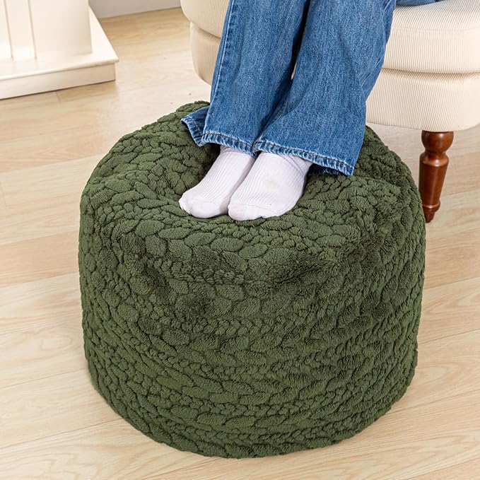 Unstuffed Ottoman Pouf Cover – Round Faux Fur Footstool Plush Floor Pouf (No Filler Included) Perfect for Living Room, Bedroom, or Office Lounge (Green, 26x26x18 in)