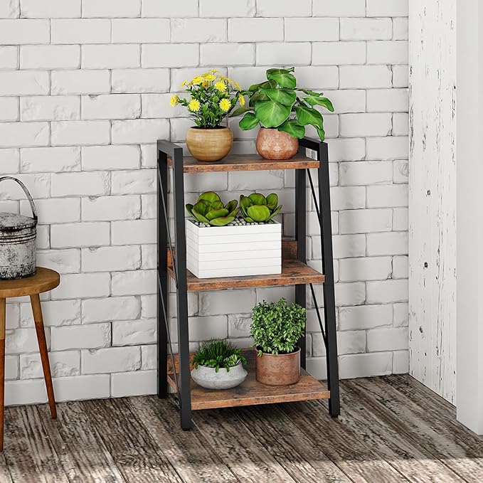 HOOBRO Ladder Shelf, 3-Tier Bookshelf, Corner Bookcase, Freestanding Storage Shelf Display Organizer, for Living Room, Bedroom, Home Office, Kitchen, Rustic Brown and Black BF303CJ01