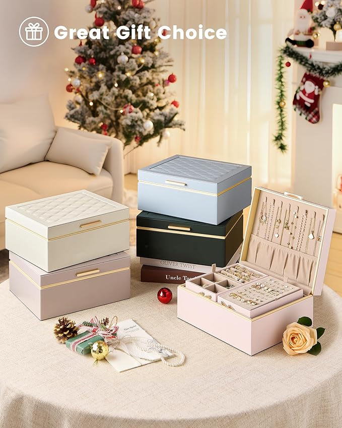 Lolalet Jewelry Box Organizer for Women Girls, 2 Layer Jewelry Organizers and Storage for Necklace Earrings Rings Bracelets, Large Jewellery Holder Case Birthday Valentine Gifts -HazeBlue