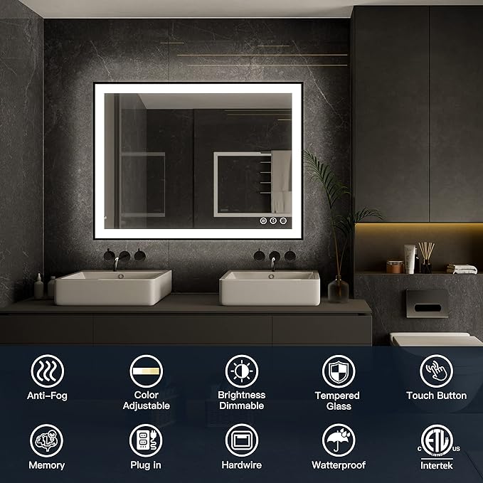 ISKM Framed LED Mirror for Bathroom 40"x30", Dimmable LED Bathroom Mirror with Lights, Anti-Fog, Front and Backlit Lighted Mirror 3-Colors, Shatterproof, Memory Function