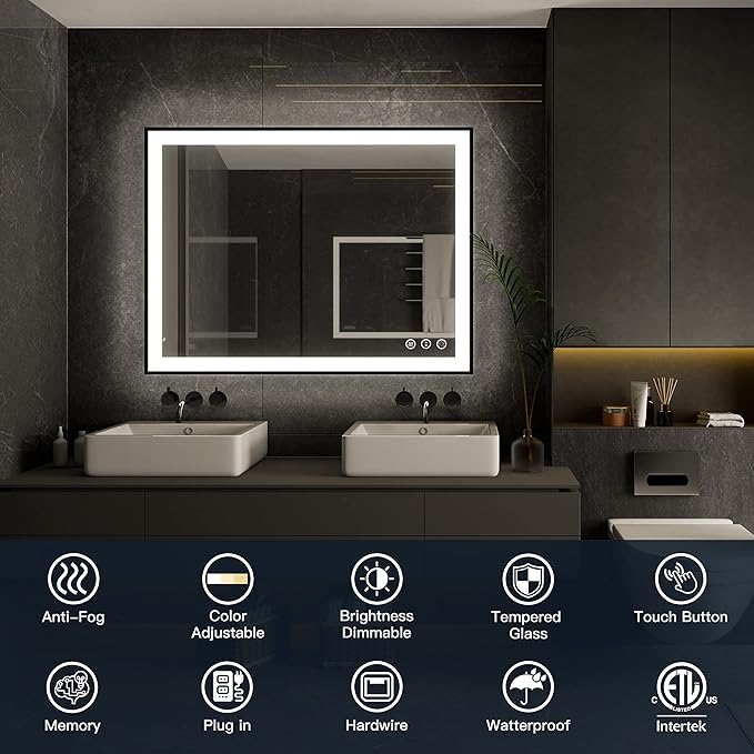 ISKM Framed LED Mirror for Bathroom 44"x36", Dimmable LED Bathroom Mirror with Lights, Anti-Fog, Front and Backlit Lighted Mirror 3-Colors, Shatterproof, Memory Function