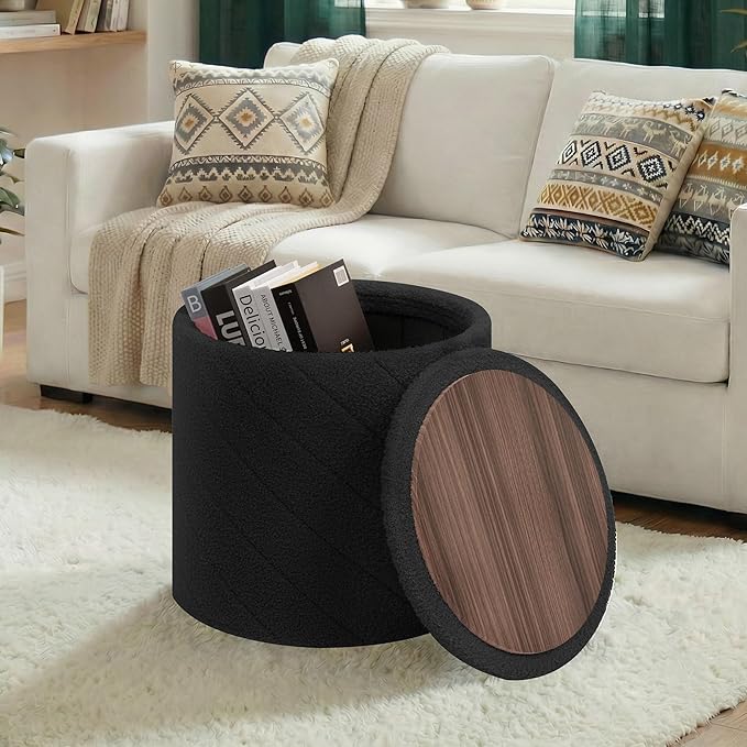 Round Ottoman with Storage - Foldable Stylish Coffee Table for Living Room & Bedroom - Space-Saving Ideal for Home Decor and Organization for Families & Individuals-Black