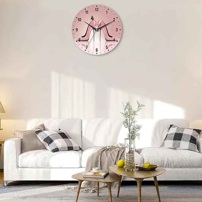 SPUNKER Clock for Bedroom,Pink High Heel Shoes Wall Clocks,Butterfly Battery Operated Wall Clock Silent Non-Ticking Decorative for Home Kitchen Bathroom Living Room Bedroom Office 10 Inch