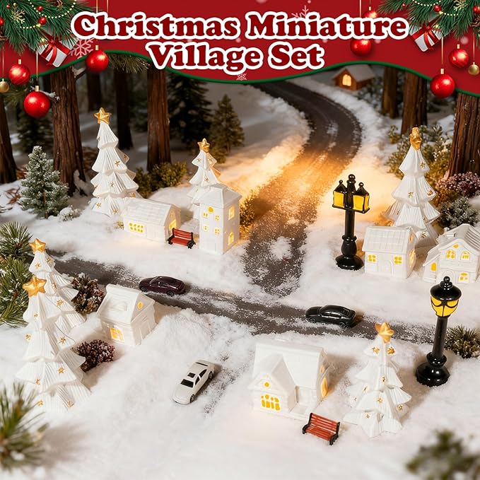 Bbiamsleep 1 Inch Christmas Mini Village Sets White Resin Miniature Village Houses Figurines and Accessories Christmas Miniature Houses for Home Xmas Winter Decor, Set of 19