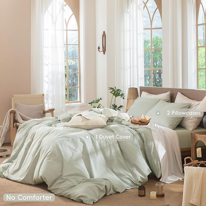 MooMee Striped Duvet Cover Set 100% Washed Cotton Linen Like Textured Breathable Durable Soft Comfy (Sage Green White Pinstripes, Queen 90"x90")