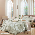 MooMee Striped Duvet Cover Set 100% Washed Cotton Linen Like Textured Breathable Durable Soft Comfy (Sage Green White Pinstripes, King 104"x90")