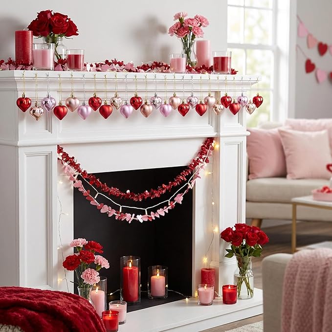 Iceyyyy 60Pcs Valentine's Day Heart Ornaments-Valentine's Mother's Day Heart Baubles Shaped Hanging Ornaments Decoration for Valentine Tree Wedding Anniversary Party