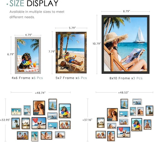 15 Pack Picture Frames Collage Wall Decor, Frame Set with 3pcs Black 8x10, 6pcs Brown 5x7, and 6pcs Grey 4x6 for Gallery Display, Wall Mounting & Tabletop, Bulk Photo Frames for Living Room Decor