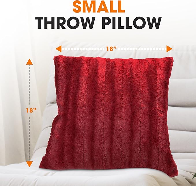 Cheer Collection Faux Fur Throw Pillows - Decorative Pillows for Couch, Bed Throw Pillows, Maroon Accent Pillows for Bedroom or Living Room Aesthetic, Set of 2 Furry Throw Pillows, 18”x18”