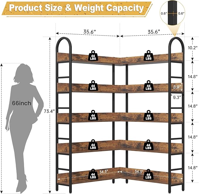 Semoic 5 Tiers Tall Corner Bookshelf, Large Heavy Duty Industrial Corner Bookcase with Metal Frame, L Shaped Bookshelves and Bookcases Etagere Bookcase Display Storage Shelves for Living Room, Brown