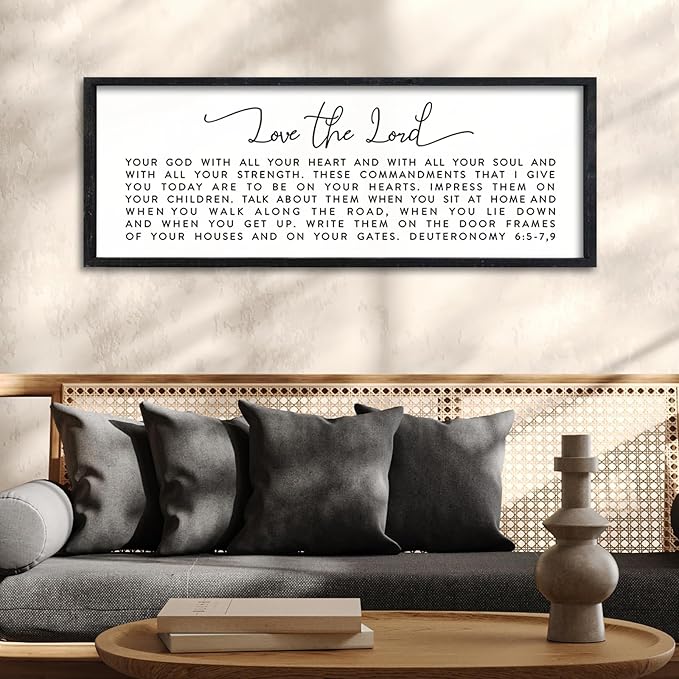 Surfapans Bible Verse Wall Decor Love The Lord Your God sign 32"×12" Christian Scripture Faith Deuteronomy 6:5-7,9 Religious Baptism Large Family Plaque Horizontal Wood Framed Hanging Art (Black)