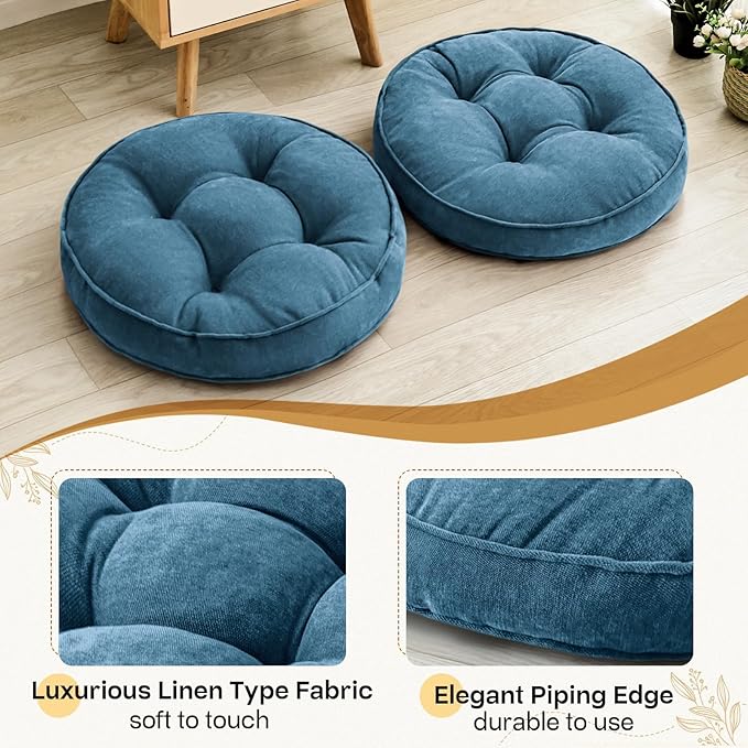 Floor Pillow Set of 2, Memory Foam Floor Cushions for Adults, Large Meditation Pillow for Sitting, 22 x 22 Inches (Round | Navy)