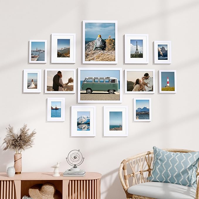Vittanly 14 Pack Picture Frames Collage Wall Decor, Gallery Wall Frame Set with 2Pcs 11x14, 6Pcs 8x10 and 6Pcs 5x7 Photo Frames, Picture Frame Set for Wall Collage or Tabletop Display, White