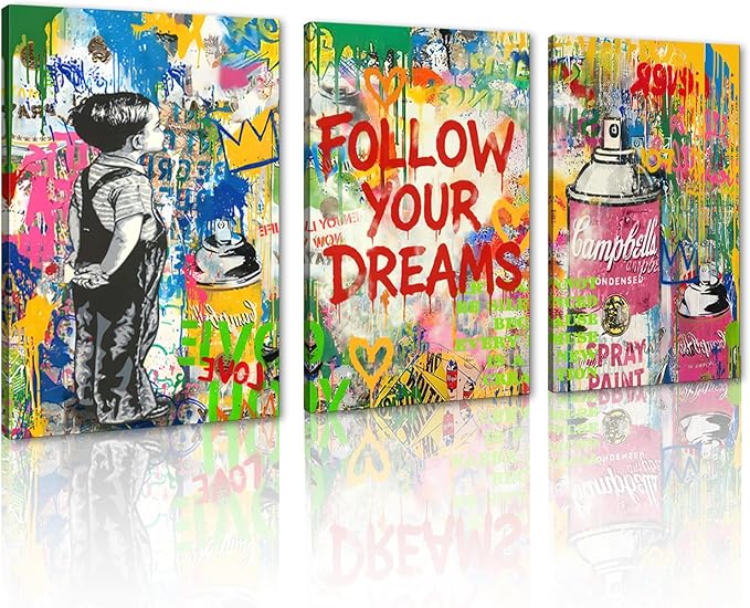 Novatique Banksy Canvas Wall Decor Street Graffiti Wall Art Colorful Cool Painting Graffiti Poster Canvas Print for Bedroom Bathroom,24" x 36" x 3pcs