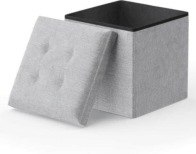 MoNiBloom 15 Inches Storage Ottoman Cube, Folding Square Foot Rest Stool, Small Ottoman Footrest with Storage for Living Room, Bedroom, Entryway, Light Gray