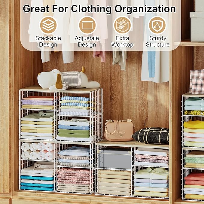 2 Pack Closet Shelf Organizer, Closet Organizers and Storage Shelves With Adjustable Dividers, Stackable Storage Bins Baskets For Clothes Sweaters Jeans Jackets, With Wooden Board, 8 Compartments