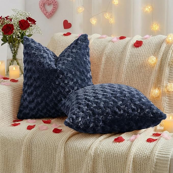 FUTEI Navy Blue Decorative Throw Pillow Covers 22x22 Inch Set of 2,Soft Solid Rose Swirl Textured Cushion Case,Valentine's Day Decor for Couch Living Room