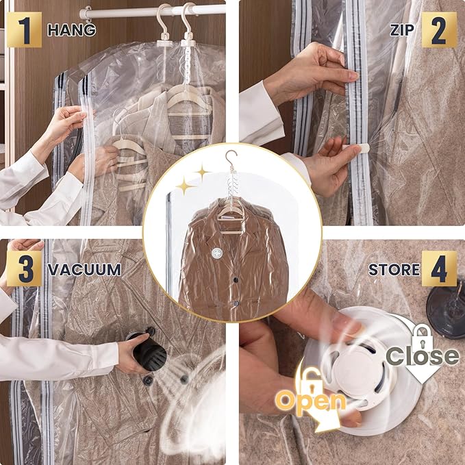 TAILI Hanging Vacuum Sealer Storage Space Saver Bags with Electric Air Pump for Clothing, for Coats, Closet Organizers, 2 Long 2 Short Clear