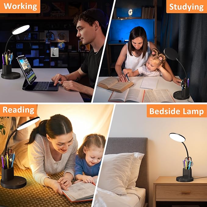 Desk Lamp, LED Desk Lamp for Home Office, Touch Table Lamp with 3 Color Modes 360° Adjustable Arm, Dimmable Desk Light with Pen Phone Holder, Black