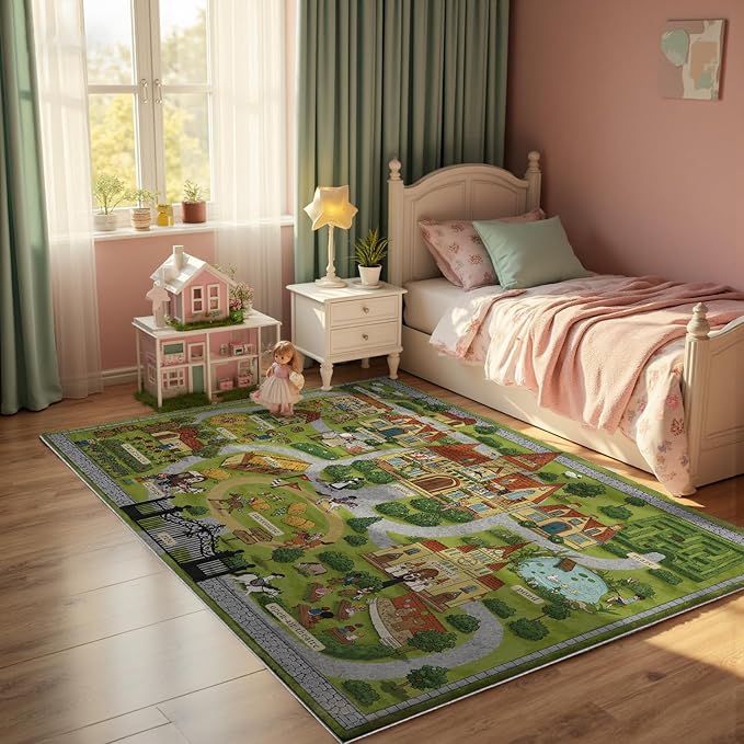 4x6ft Kids Manor Tour Play Rug,Non-Slip Faux Wool Carpet with Interactive English Words, Educational Manor Map Design for Playroom, Bedroom, Nursery Gift