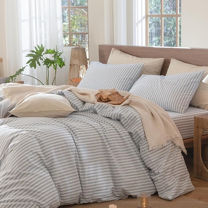 MooMee Striped Duvet Cover Set 100% Washed Cotton Linen Like Textured Breathable Durable Soft Comfy (Cornflower Blue White Classic Stripes, Super Queen 90"x98")