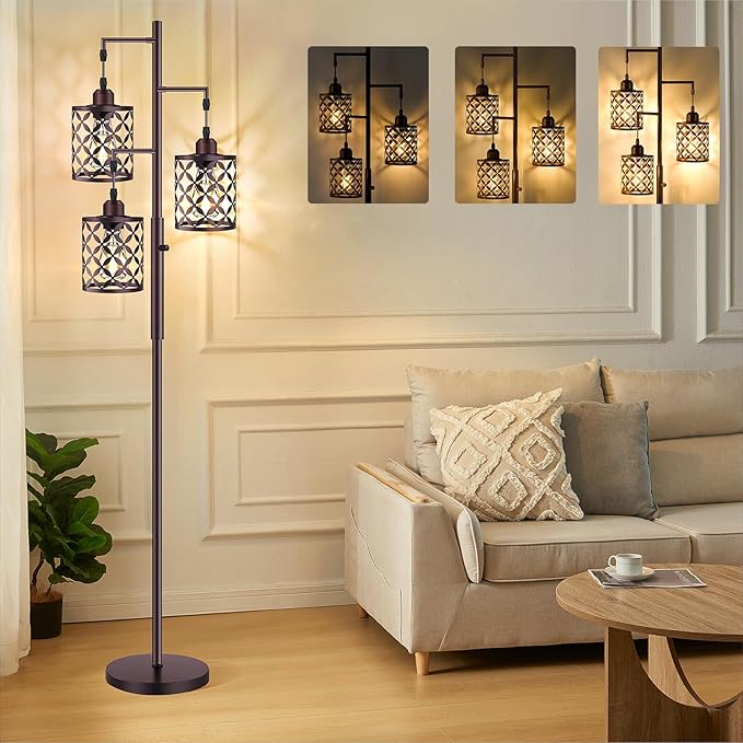 【Upgraded】72" Tall Dimmable Floor Lamp, Farmhouse Standing Lamp with Elegant Metal Cages, Industrial Tree Floor Lamps for Living Room, Bedroom, Study Room, Office (3 x 800LM LED Bulbs Included) -Brown