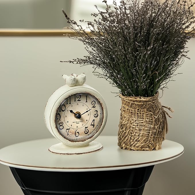 Creative Co-Op Vintage Pewter Mantel Clock with Birds, Distressed Cream