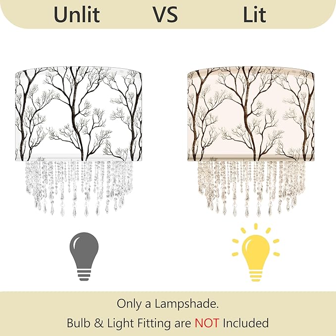 Winter Tree Branch Lamp Shade with Acrylic Bead Droplets, Branch Drum Fabric Light Shade for Pendant Table & Floor Lamp, Traditional Mordern Decor, 15.7in