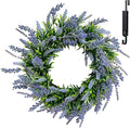 Solar Spring Wreath for Front Door 24inch 50LED Pre-lit Wreaths Spring Summer Decorations Artificial Wreath Purple Lavender Flower for Outside Home Festival Farmhouse Decor(2401)