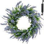 Solar Spring Wreath for Front Door 24inch 50LED Pre-lit Wreaths Spring Summer Decorations Artificial Wreath Purple Lavender Flower for Outside Home Festival Farmhouse Decor(2401)