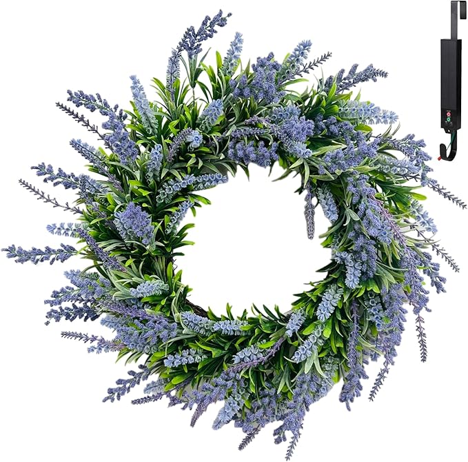 Solar Spring Wreath for Front Door 24inch 50LED Pre-lit Wreaths Spring Summer Decorations Artificial Wreath Purple Lavender Flower for Outside Home Festival Farmhouse Decor(2401)
