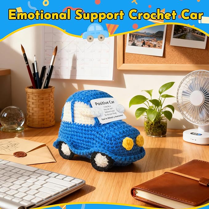Positive Funny Crochet Car, Emotional Support Mini Handmade Crochet Gift, Inspirational Birthday Gifts for Men Women Friends Boyfriend Dad Coworker, Blue