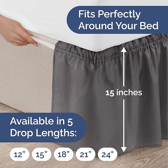 Wrap Around Dust Ruffle Bed Skirt - Dark Grey - for King Size Beds with 15 Inch Drop - Elastic Strap - Adjustable Pleated Bedskirt with Brushed Fabric and Wrinkle Free - for Women, Men, Kids & Teens