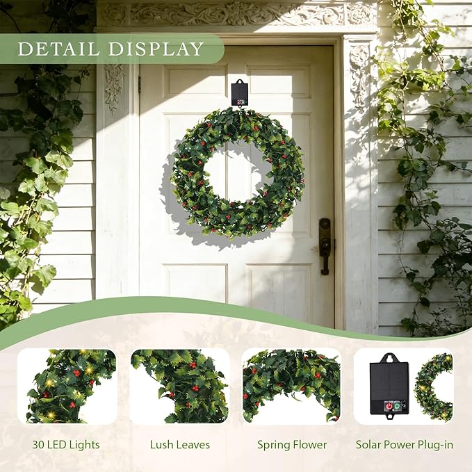 Solar Spring Wreath for Front Door Pre-lit 16inch 30LED Wreaths Spring Summer Decor for Outside Aftificial Holly Wreaths Home Decorations Wreath for Wall Festival Decor