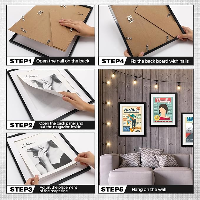 Geetery 8 Pcs Plastic Magazine Frames for Wall Fits 8.5''x11.25'' Magazine Display Frame with Installed Hangers and Core Matting for Home Decoration (Black (White Mat))